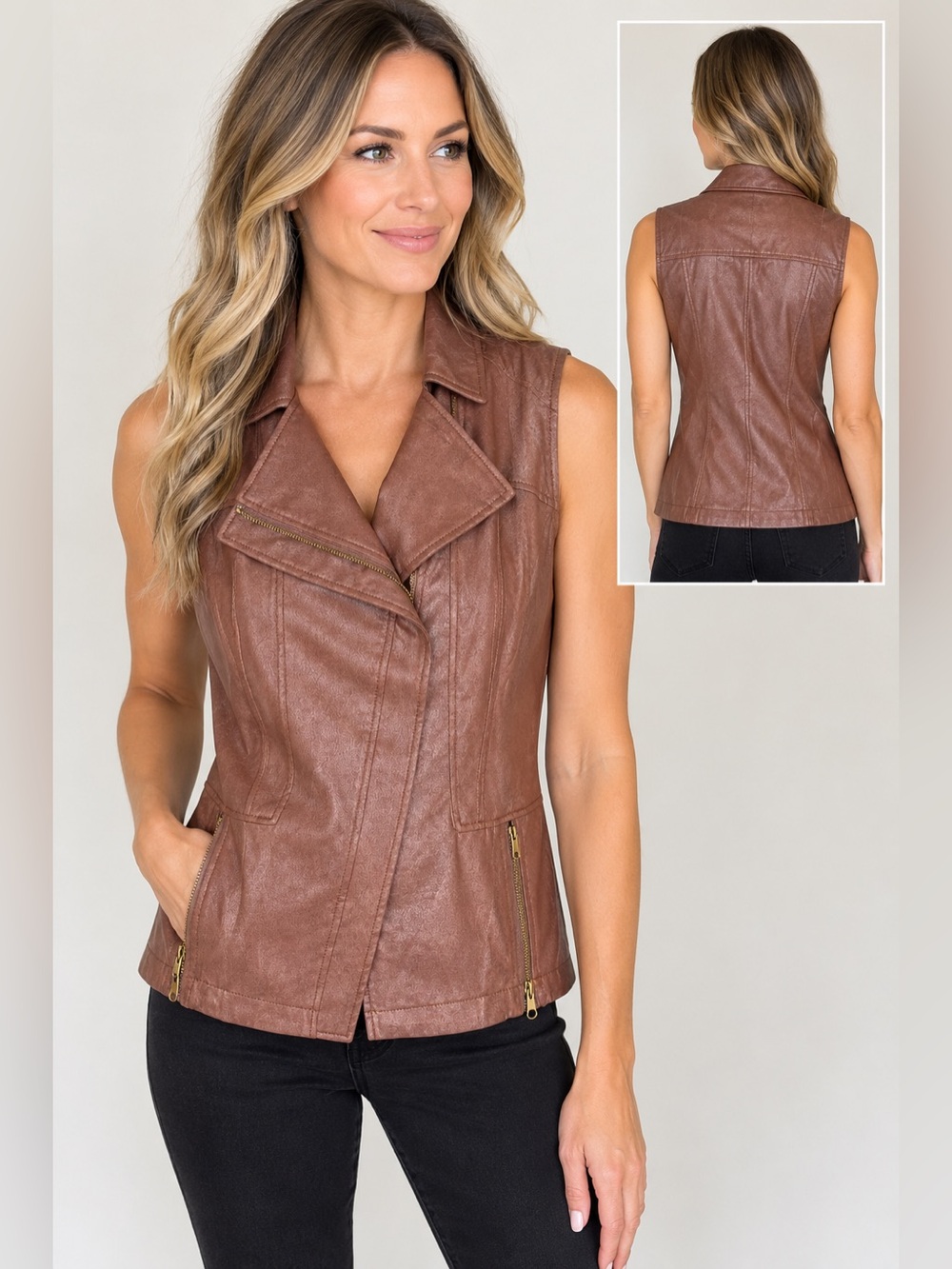 Mac & Me Chocolate Brown Faux Leather Sleeveless Moto Vest Size Small